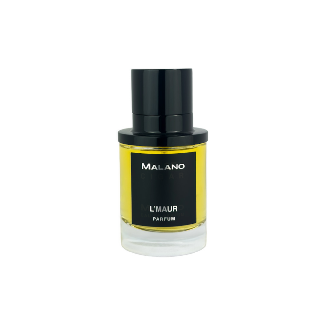 A bottle of Malano L'Maur Parfum with a black cap and a black label featuring a yellow liquid, set against a plain white background.