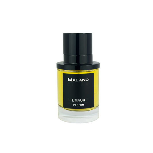 A bottle of Malano L'Maur Parfum with a black cap and a black label featuring a yellow liquid, set against a plain white background.