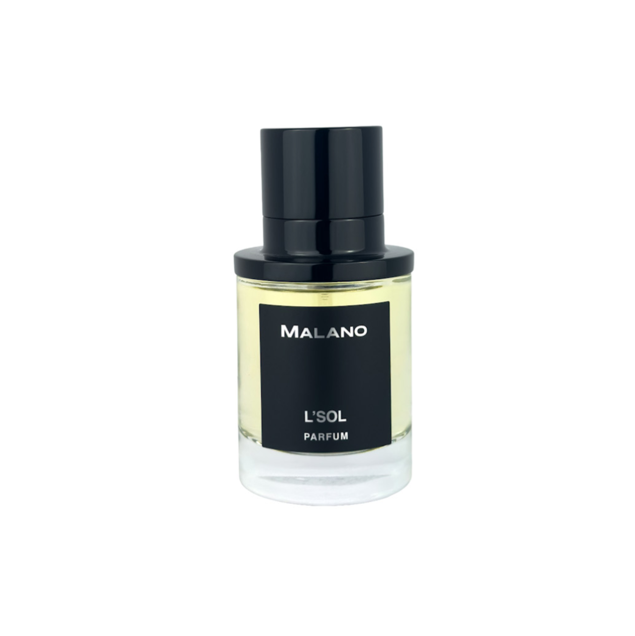A bottle of MALANO L'SOL PARFUM perfume with a black cap and a black label, containing a pale yellow liquid, set against a plain white background.