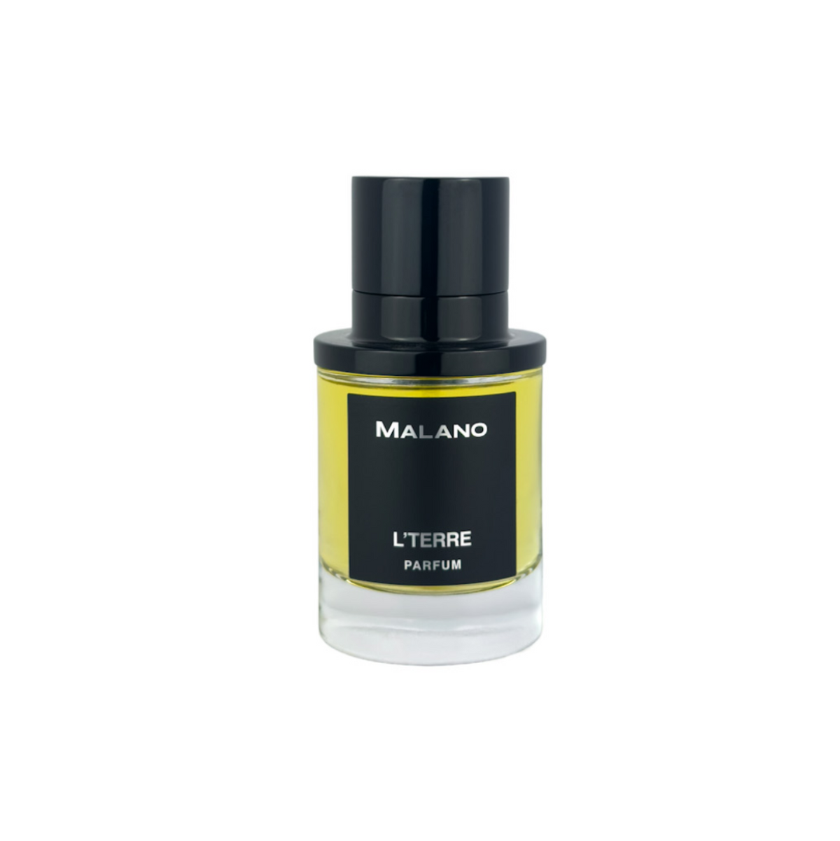 A bottle of MALANO L'TERRE parfum with a black cap and a black and silver label featuring a bright yellow perfume liquid filled bottle, set against a plain white background.