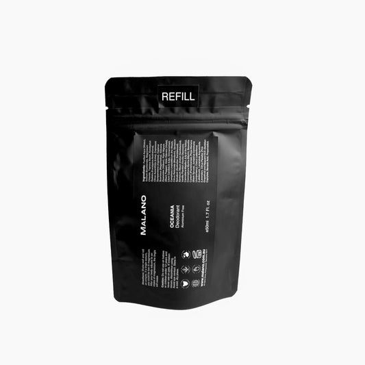 A black, sealed 50mL Refill pouch of Oceania Aluminium Free Deodorant by Malano on a white background
