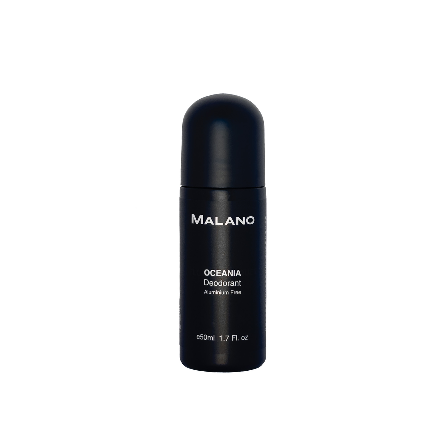 Black deodorant bottle of Malano’s organic, plant based, aluminium free Oceania deodorant with a capacity of 50mL, on a white background