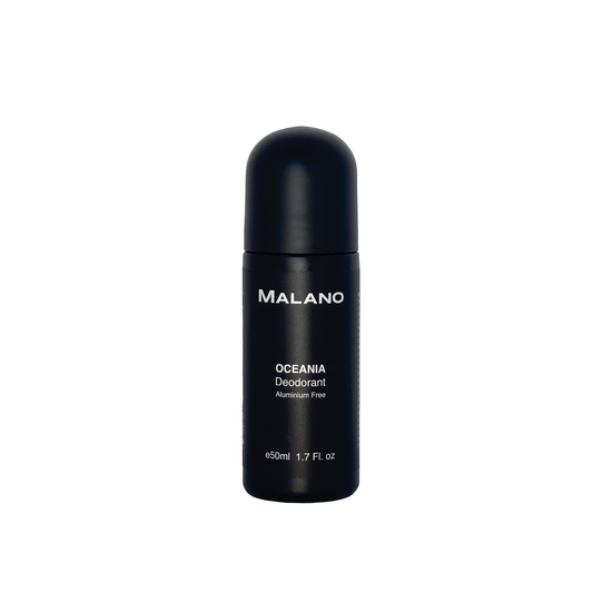 Black deodorant bottle of Malano’s organic, plant based, aluminium free Oceania deodorant with a capacity of 50mL, on a white background
