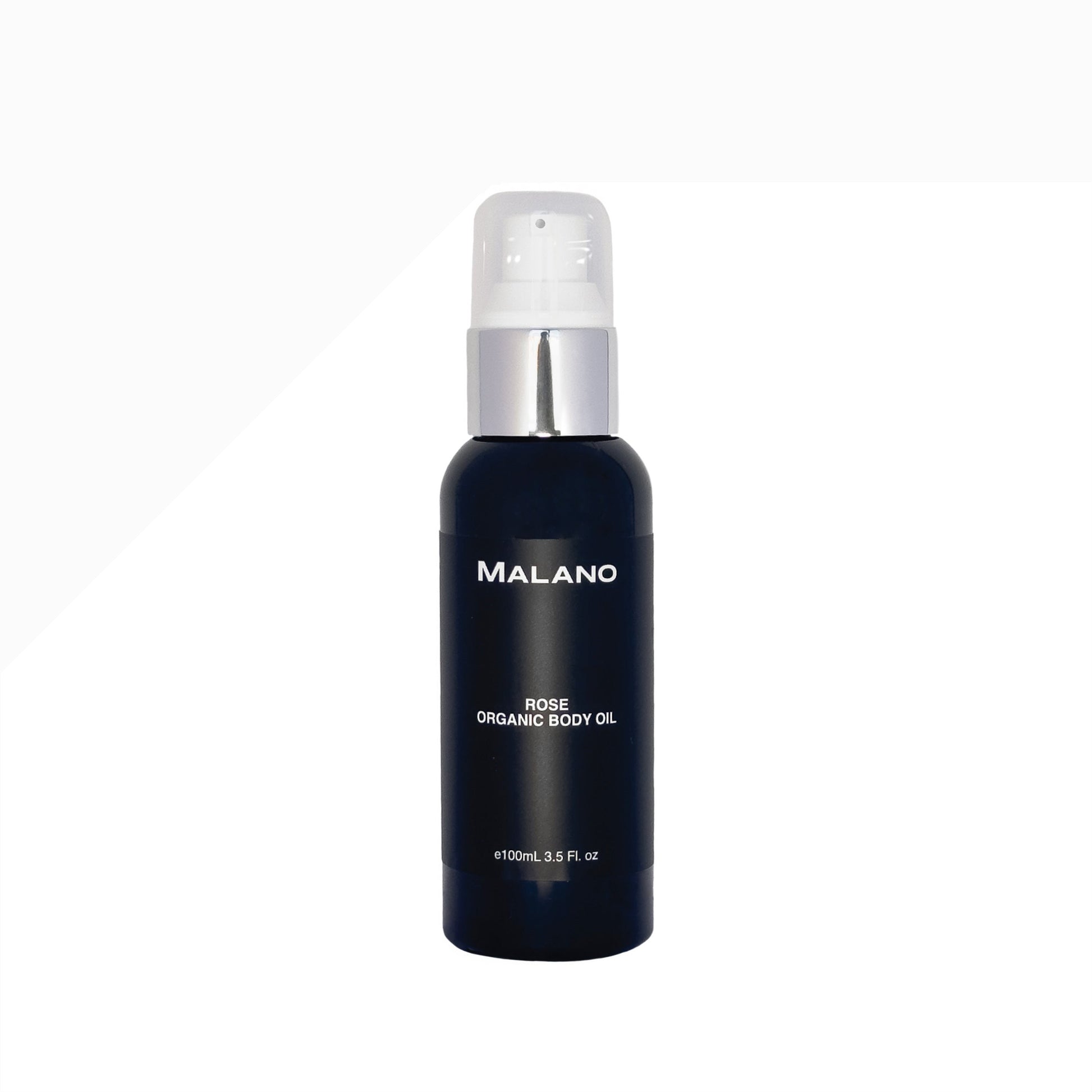 Black bottle with a pump lid, of Malano Rose Organic Body Oil with a capacity of 100mL on a white background