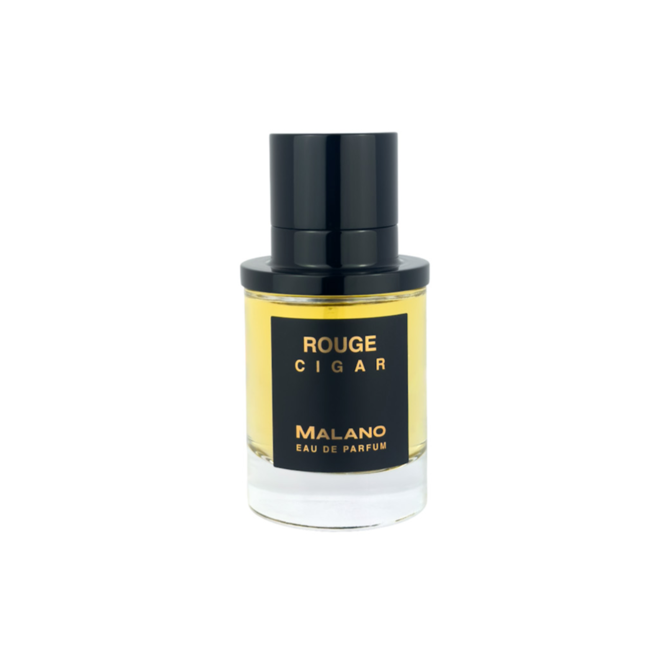 A bottle of Malano Rouge Cigar Eau de Parfum with a black cap and a black label featuring gold lettering, set against a plain white background.