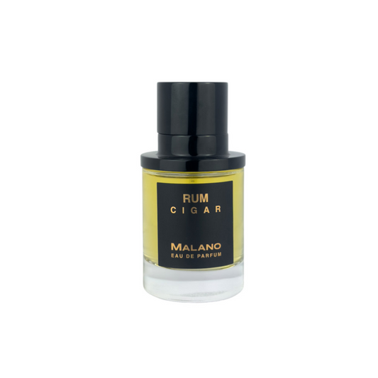 A bottle of Malano Rum Cigar Eau de Parfum with a black cap and a gold label, set against a plain white background.