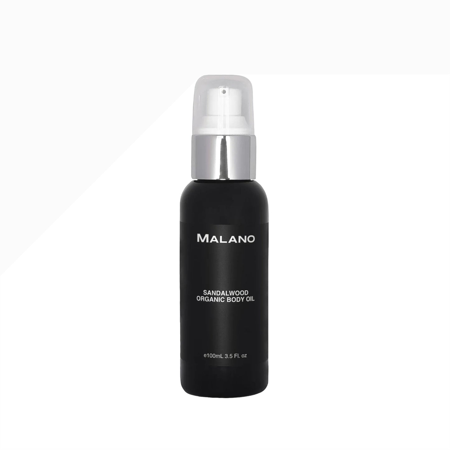 Black bottle of Malano Sandalwood Organic Body Oil on a white background