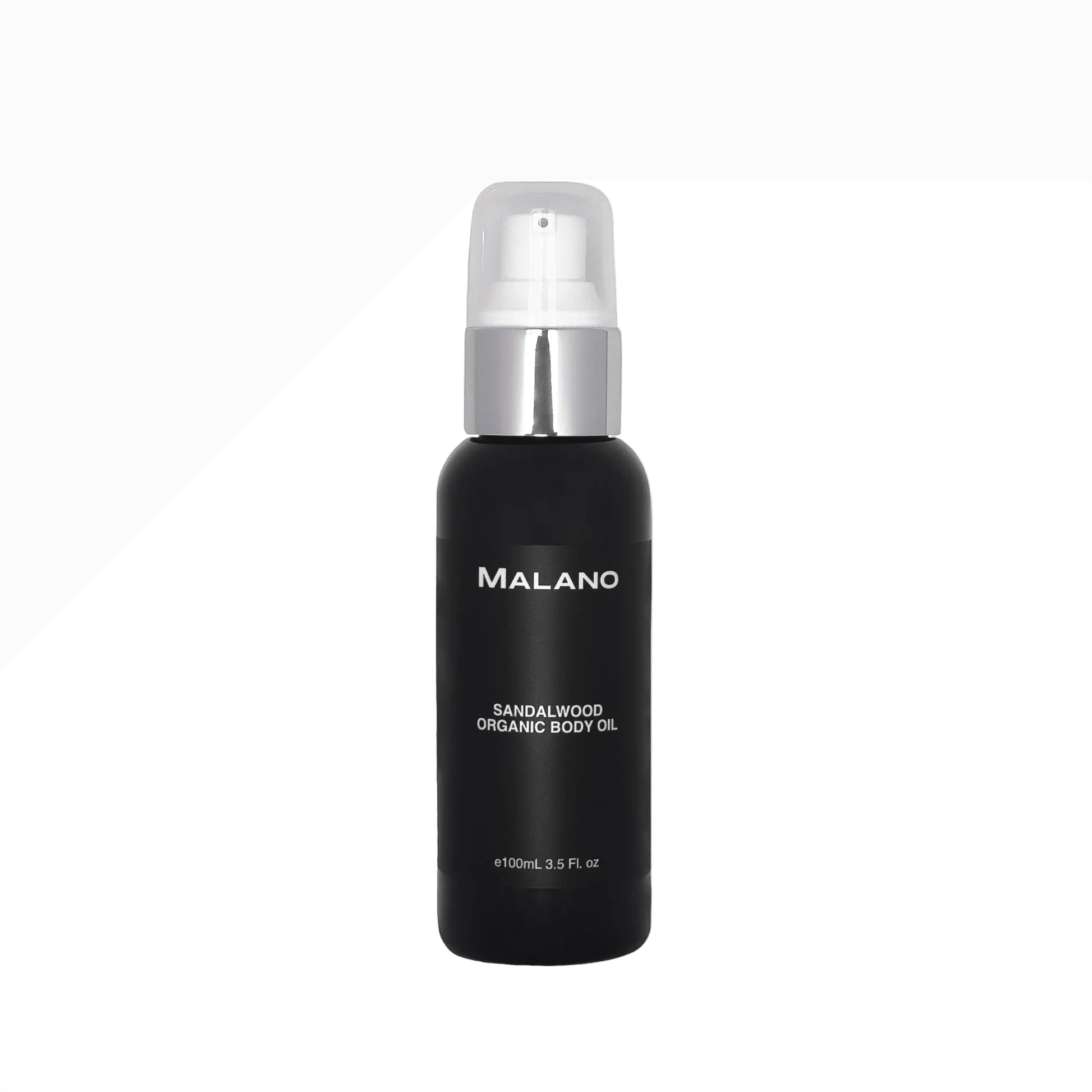 Black bottle of Malano Sandalwood Organic Body Oil on a white background