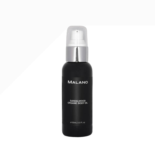 Black bottle of Malano Sandalwood Organic Body Oil on a white background