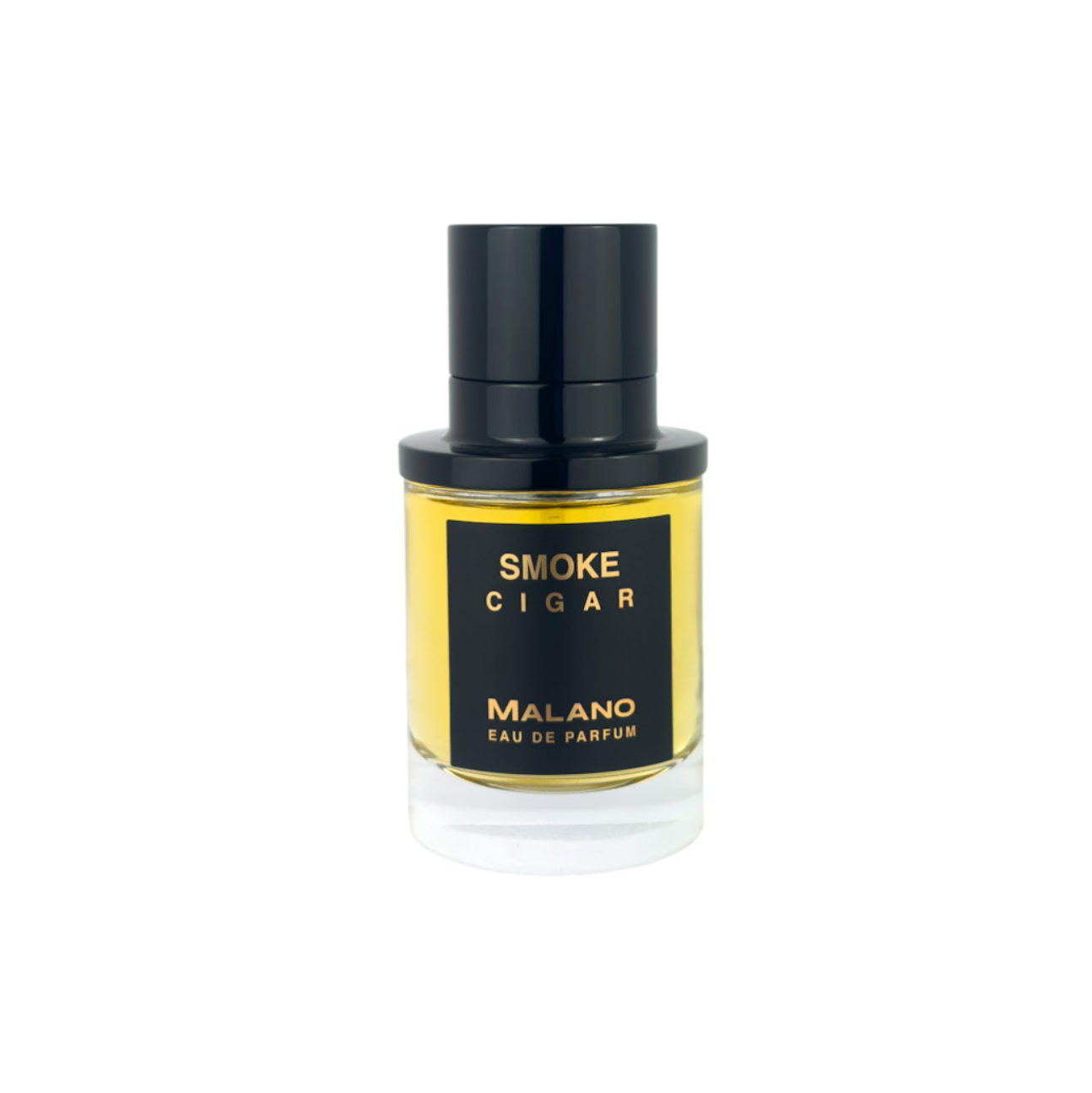 A bottle of Malano Smoke Cigar Eau de Parfum with a black cap and a black label featuring gold lettering, filled with yellow liquid, set against a plain white background.