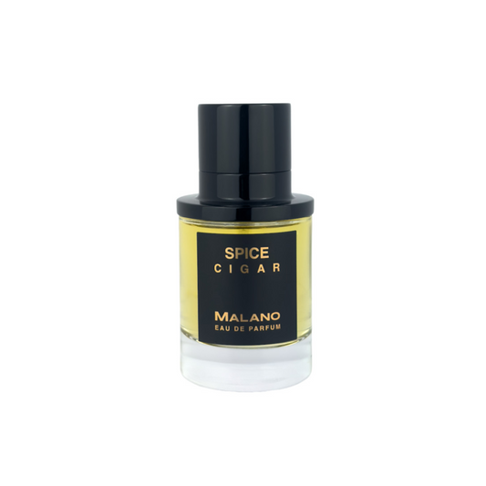 A bottle of Malano Spice Cigar Eau de Parfum with a black cap and a black label featuring a gold lettering, with yellow perfume liquid set against a plain white background.