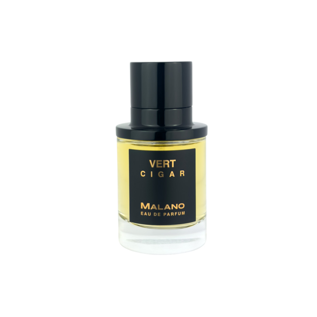 A bottle of Malano Vert Cigar Eau de Parfum with a black cap on and a gold bronze and black label, set against a plain white background.