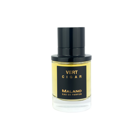 A bottle of Malano Vert Cigar Eau de Parfum with a black cap on and a gold bronze and black label, set against a plain white background.