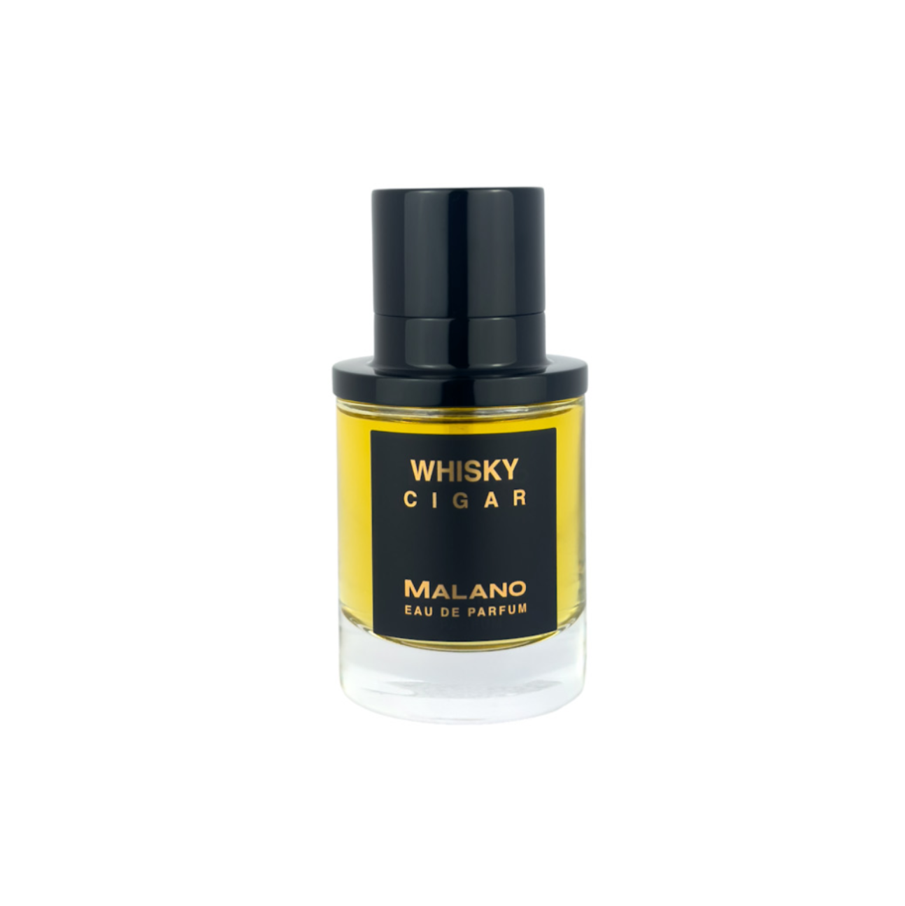 A bottle of Malano Whisky Cigar Eau de Parfum with a black cap and bronze gold and black label, set against a plain white background.
