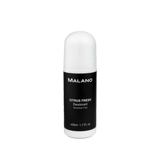A white bottle with a rounded lid, of MALANO Citrus Fresh Aluminium Free Deodorant, with a black label and with white writing and a size of 50mL.