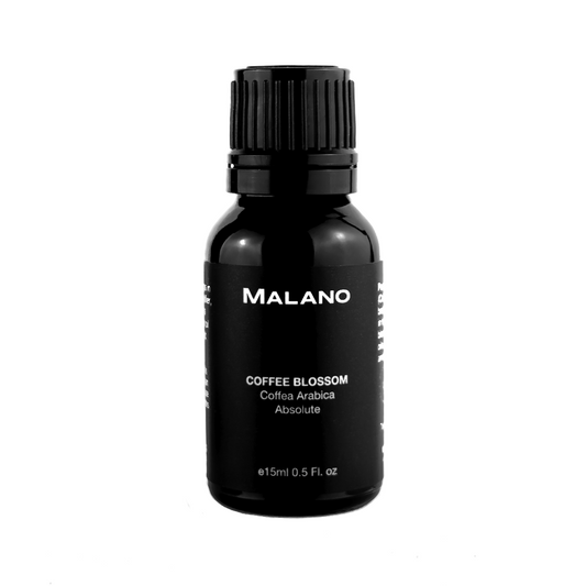 A black bottle with a white label displaying 'MALANO' and 'Coffee Blossom Coffea Arabica Absolute', with a measurement indication of 15mL.