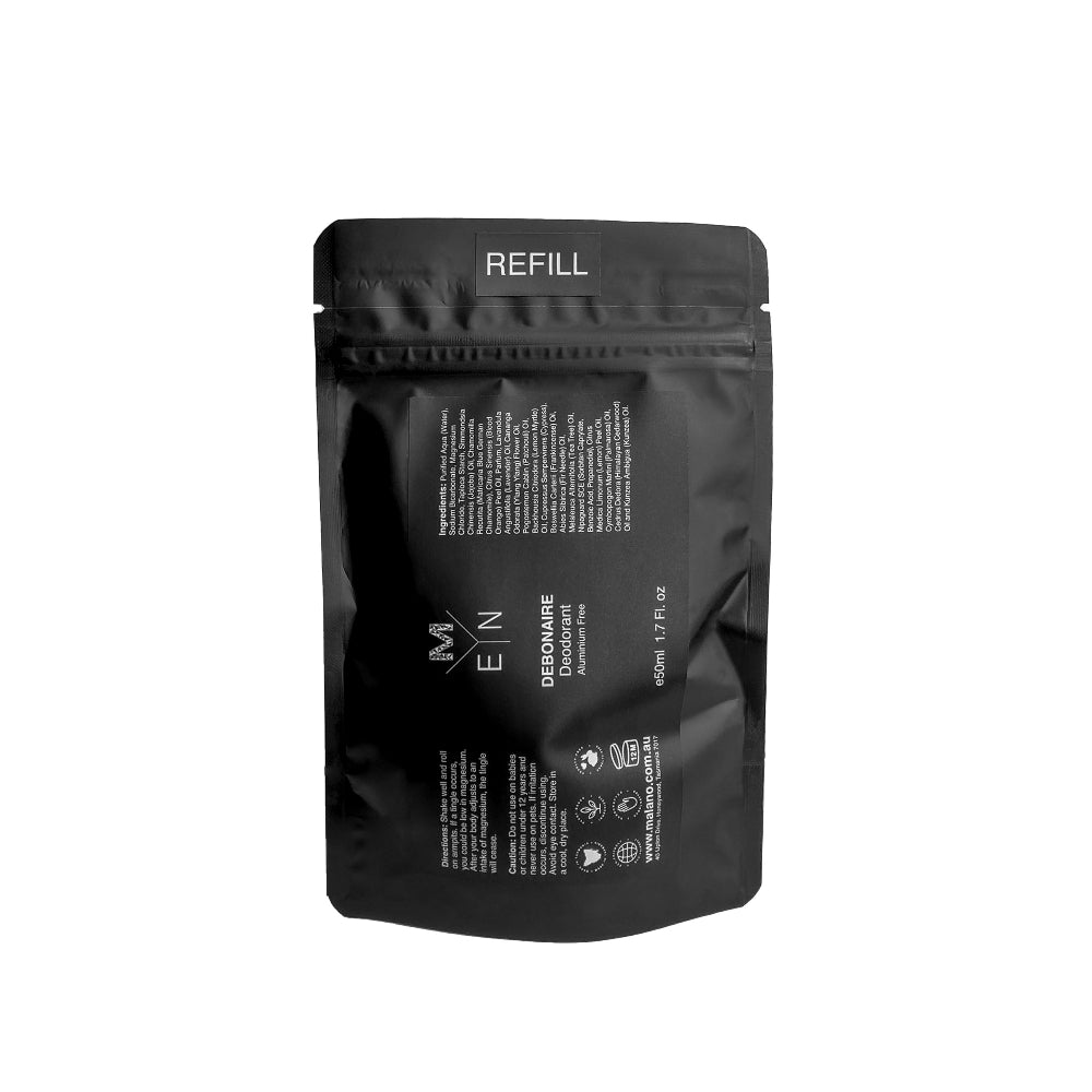 A refill bag of MALANO Men’s Debonaire Aluminium Free, Organic Deodorant, with a black label and white writing and a size of 50mL.