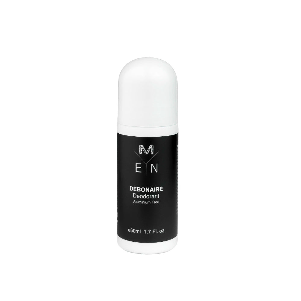 A bottle of Debonaire Aluminium Free Deodorant for men, with a white label and black text, indicating the product is aluminium free. 