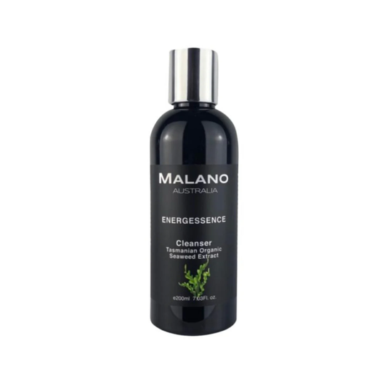 A black bottle with black label with white text displaying the brand name 'Malano' and product name 'Energessence Cleanser' with Tasmanian Organic Seaweed Extract in a capacity of 200mL