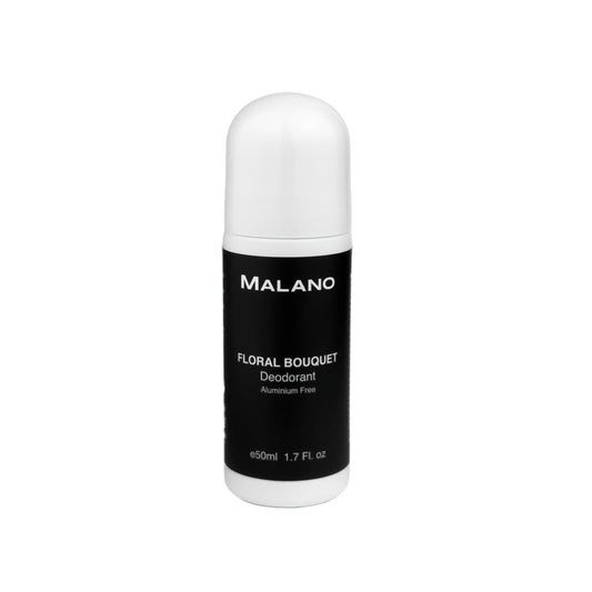 A bottle of MALANO Floral Bouquet Aluminium Free Deodorant 50mL with a white label and cap, on a plain background.