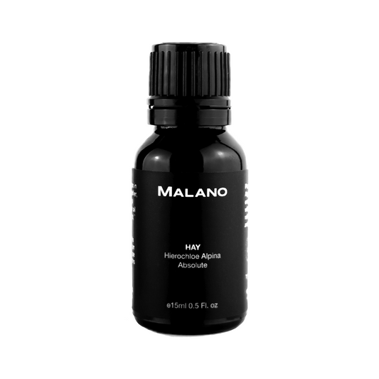 A black bottle with a white label displaying 'MALANO' and 'Hay Hierochloe Alpina Absolute', with a measurement indication of 15mL.