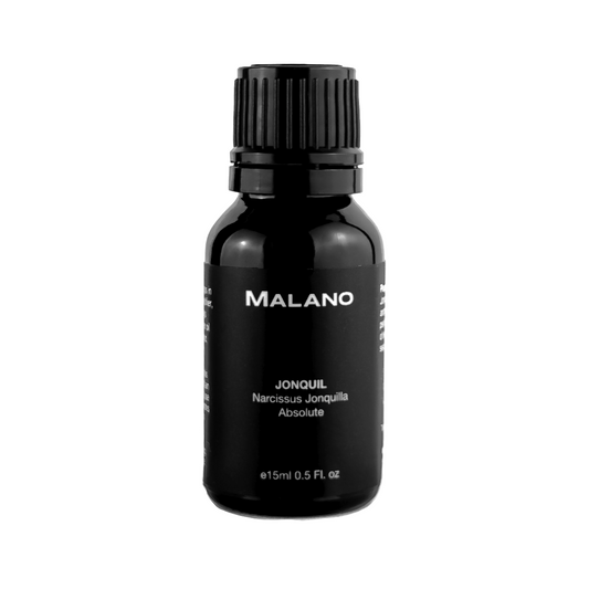 A black bottle of MALANO brand Jonquil (Narcissus jonquilla) Absolute oil, 15mL in size.