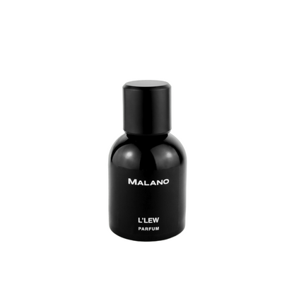 A black bottle of L'Lew Parfum by Malano with silver text on a black label and the bottle against a  plain white background.