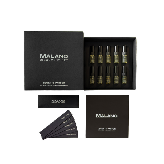 Flat Lay of the L’Scents Parfum Discovery Set by Malano, the box is open revealing all of the perfumes, next to the perfumes is the Aromatic Notes Companion and the Perfume Tester Strips.