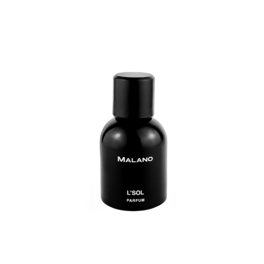 A black bottle of L’Sol Parfum by Malano with silver  text indicating the name and type of the fragrance.