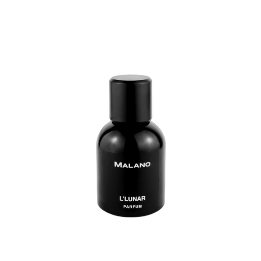 A black bottle of L’Lunar Parfum with silver text indicating the name and fragrance category 'Parfum' on the label and the brand Malano.