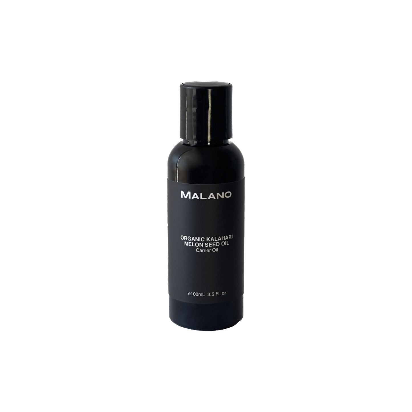 Black bottle of Malano organic Kalahari melon seed oil carrier oil with a capacity of 100mL and used for massage oil a white background