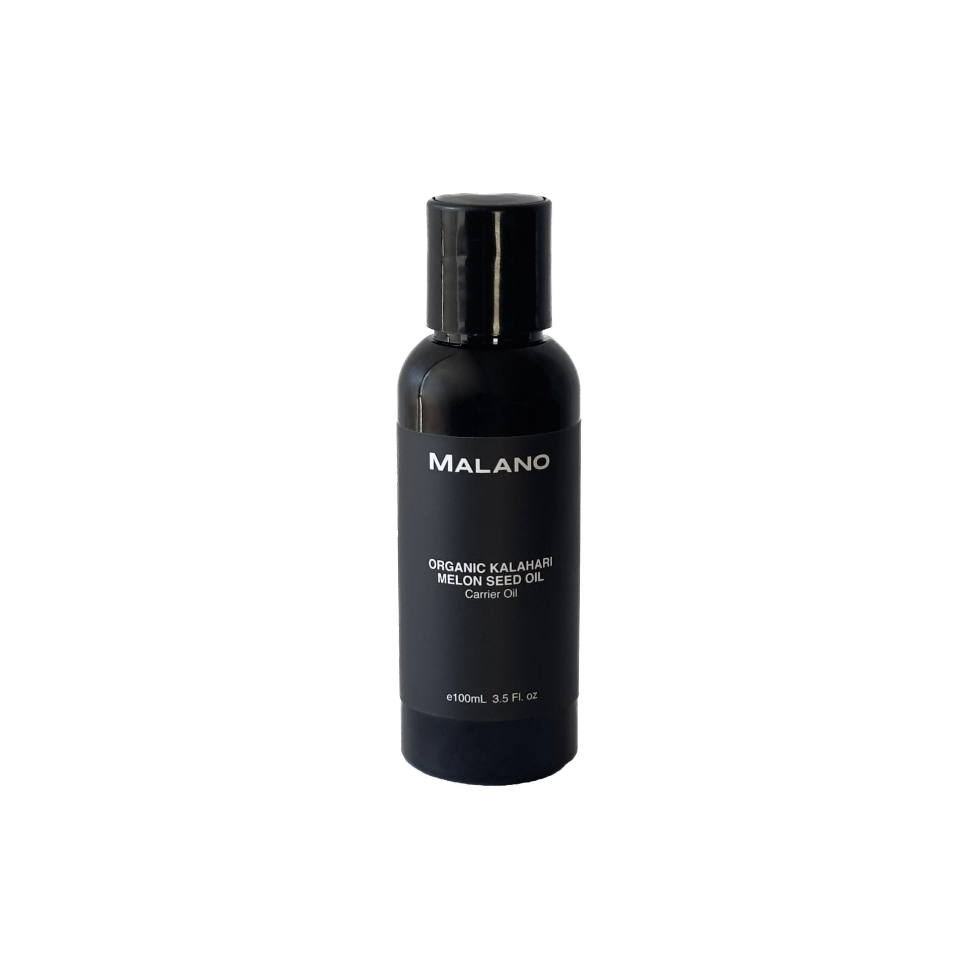 Black bottle of Malano organic Kalahari melon seed oil carrier oil with a capacity of 100mL and used for massage oil a white background