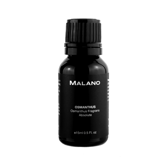 A black bottle with a white label, labeled 'MALANO' for Osmanthus Absolute, size 15mL.