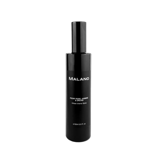 A sleek black glass spray bottle labeled 'MALANO' with white text indicating the product is a 100mL Peony Rose, Jasmine and Orchid  Interior Spray.