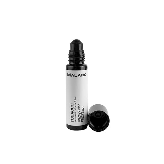 A black roll-on perfume bottle with a white label that reads 'Tobacco Leaf', '10mL’ and the Brand ‘MALANO’. The cap is removed, showing the perfume roller ball for the oil inside.
