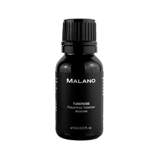 A black bottle with a white label displaying 'MALANO' and 'TUBEROSE Polyanthus Tuberosa Absolute', with a measurement indication of 15mL.