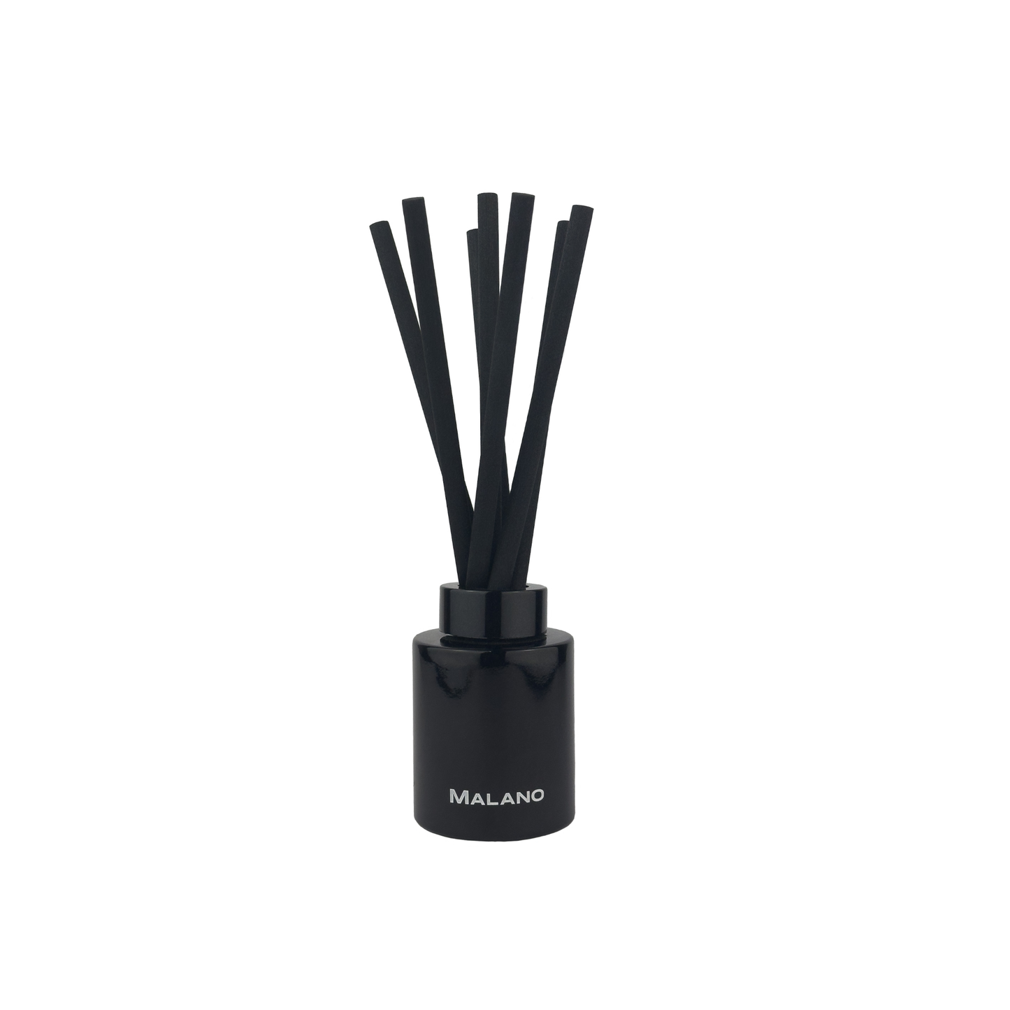 A black reed diffuser with multiple reeds inserted into a cylindrical container. The brand 'MALANO' is visible on the container.