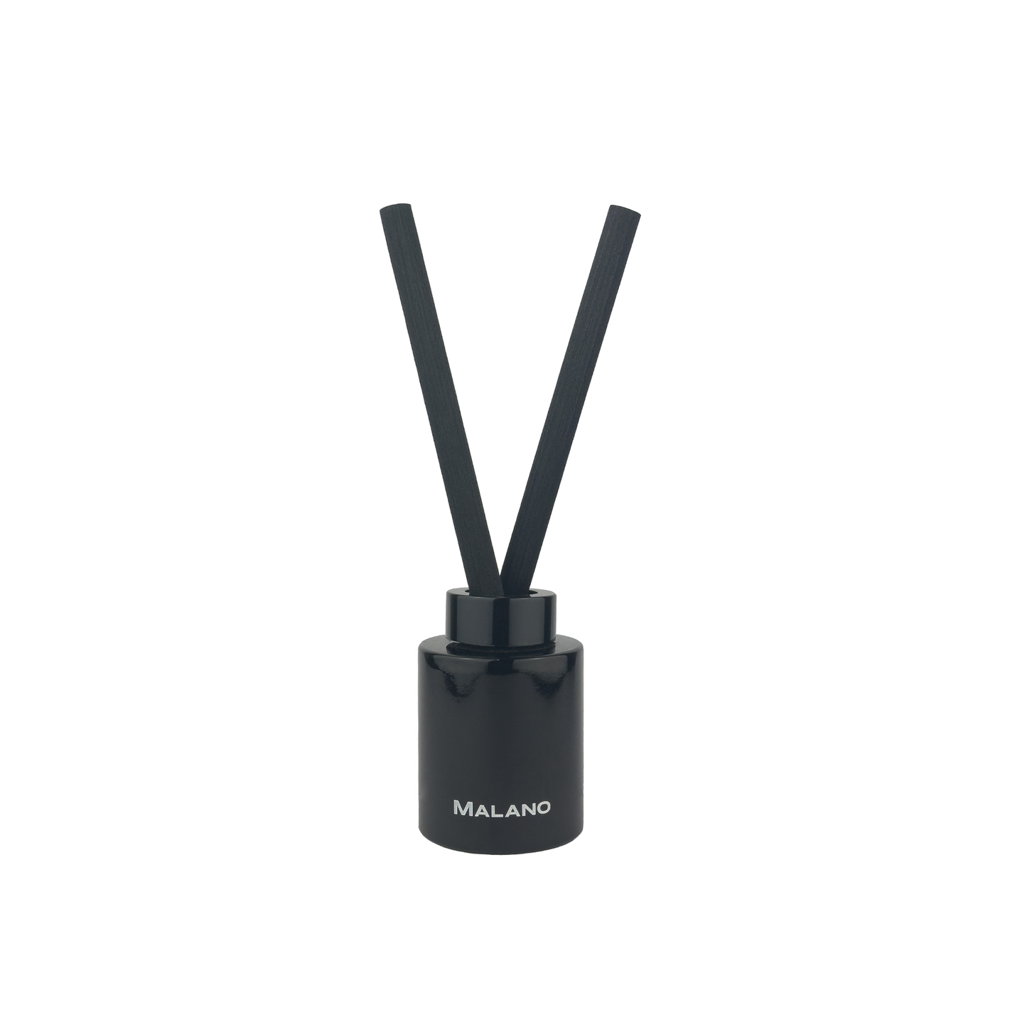 A black reed diffuser with 2 thick, long,  reeds inserted into a cylindrical glass container with a label of the brand ‘Malano’ on it