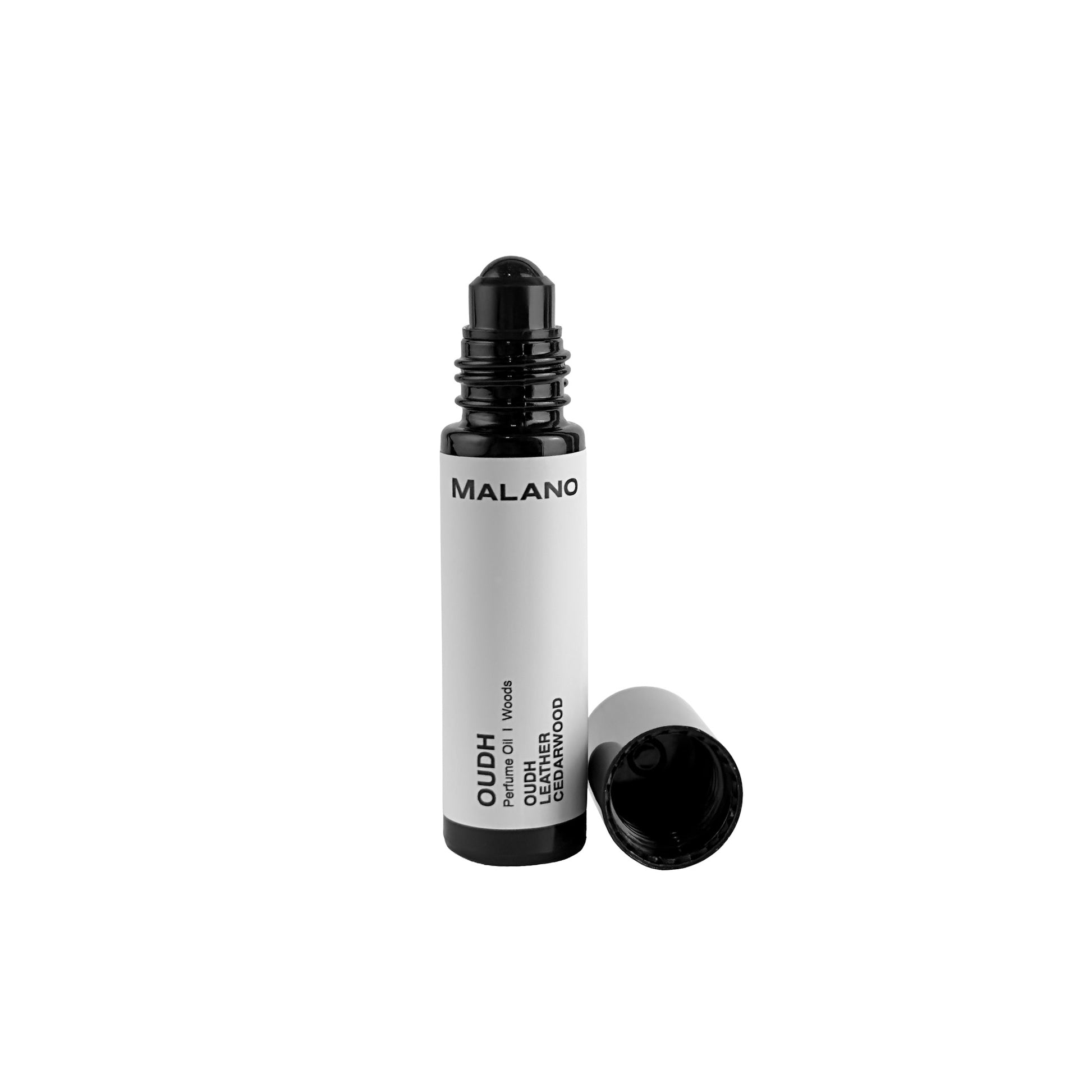 A roll-on perfume bottle with the brand name MALANO visible on it. The bottle is open, showing the perfume ball inside.