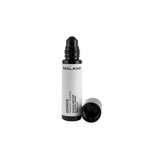 A roll-on perfume bottle with the cap removed, labeled 'MALANO QUINCE Perfume Oil', on a white background.