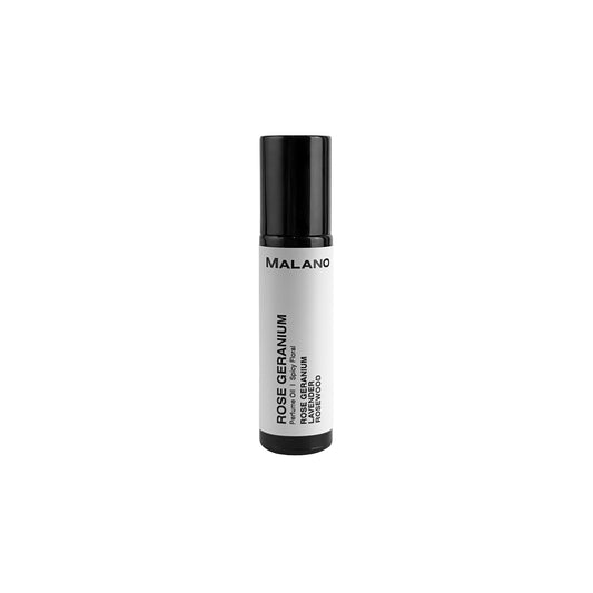A black roll-on perfume bottle with a white label that reads Malano 'Rose Geranium' and '10mL' Perfume Oil.