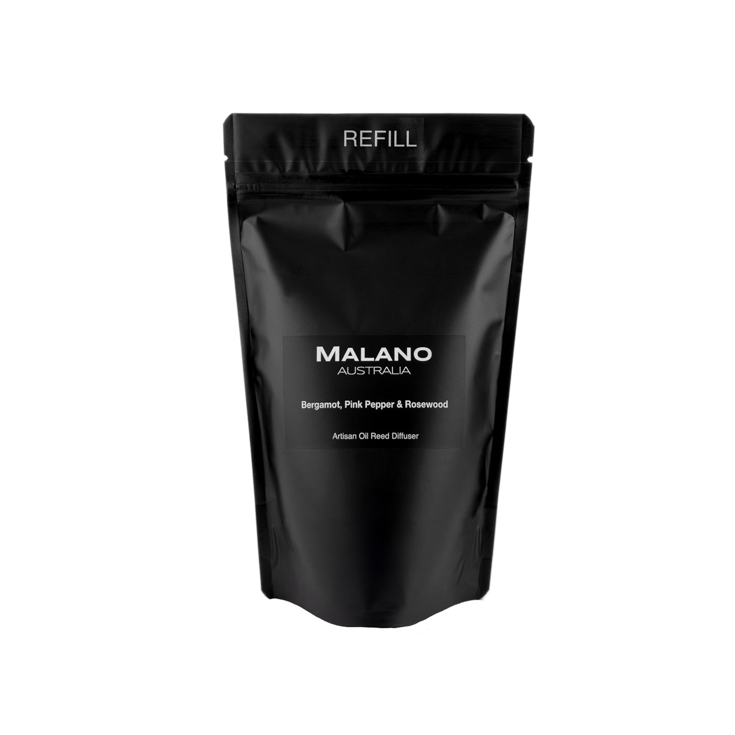 A black refill bag with the brand ‘MALANO’ and the scent reading ‘Bergamot, Pink Pepper and Rosewood’,  ‘Artisan Oil Reed Diffuser’ and ‘ REFILL’ on the front.