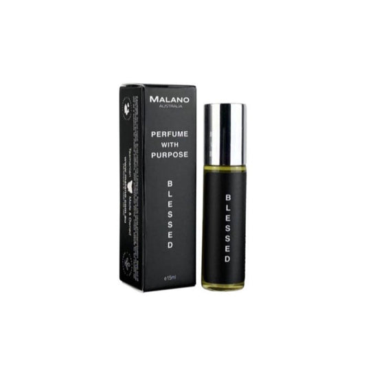 A black bottle of Blessed Perfume With Purpose by Malan, with a silver cap and label, displayed in front of its packaging box.