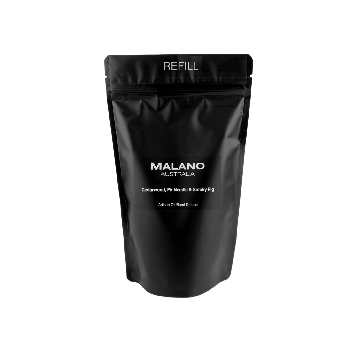 A black refill bag of Cedarwood, Fir Needle and Smoky Fig scent with the brand ‘MALANO’ and the scent reading ‘Vanilla Avant Garde’,  ‘Artisan Oil Reed Diffuser’ and ‘ REFILL’ on the front.