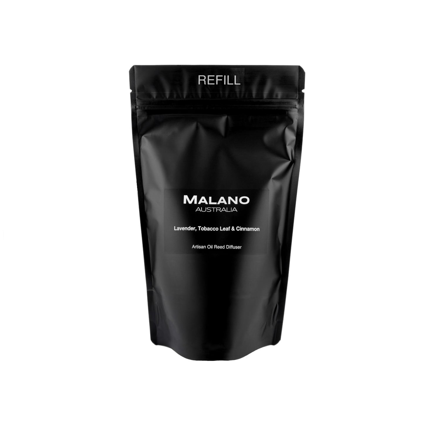 A black refill bag of ‘Lavender, Tobacco Leaf and Cinnamon’ with the brand ‘MALANO’,  ‘Artisan Oil Reed Diffuser’ and ‘ REFILL’ on the front.