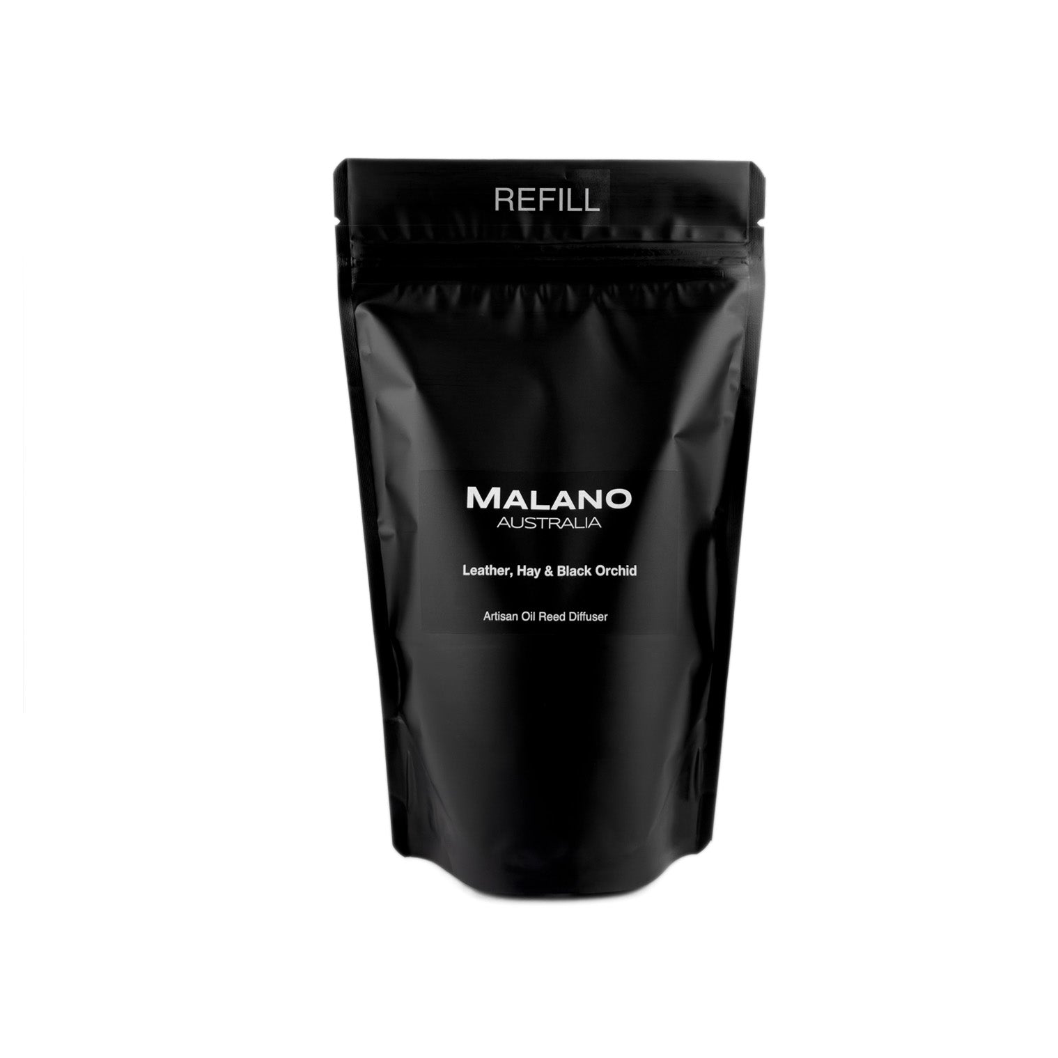 A black refill bag with the brand ‘MALANO’ and the scent reading ‘Leather, Hay and Black Orchid’,  ‘Artisan Oil Reed Diffuser’ and ‘ REFILL’ on the front.