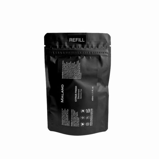 a black refill pouch of MALANO Citrus Fresh Aluminium Free Deodorant, with a black label and with white writing and a size of 50mL.