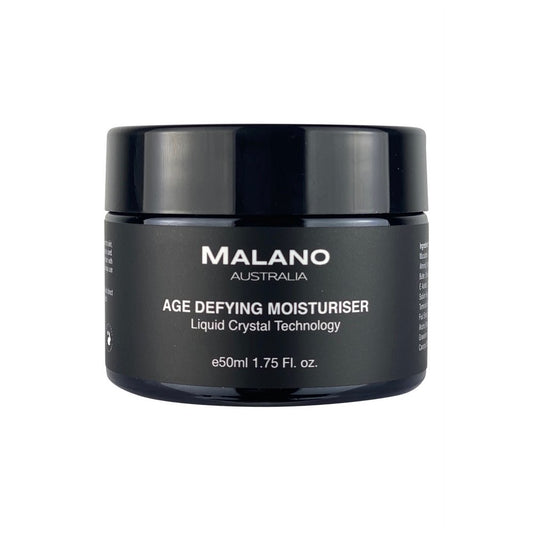 A black jar of Malano Australia Age-Defying Moisturiser with white text detailing the product name and size of 50mL