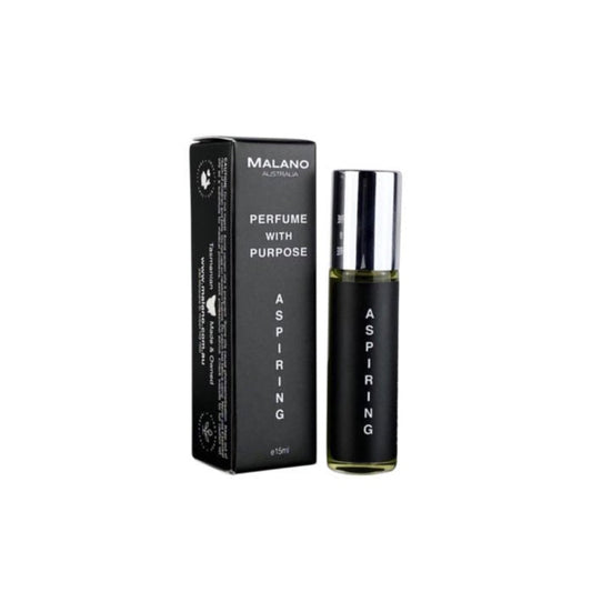 A black box packaging with a clear roll-on bottle of perfume labeled 'Aspiring Perfume With Purpose' by Malano.