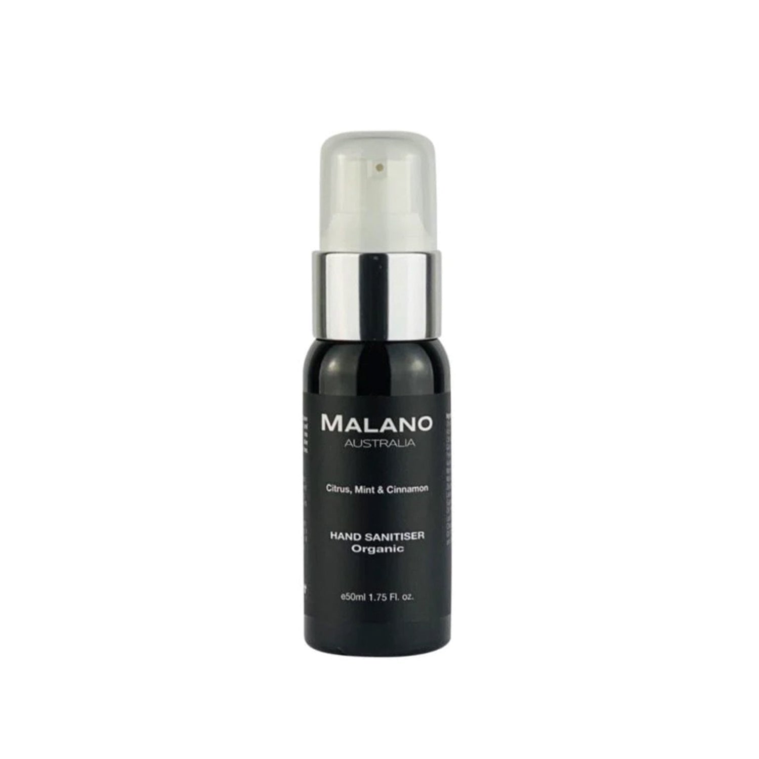 A little black bottle with a silver and white pump nozzle, a clear lid, and with a black label and white writing that reads ‘Malano, Citrus, Mint and Cinnamon Hand Sanitiser Organic’ with a capacity of 50mL, the bottle is sitting against a white background 